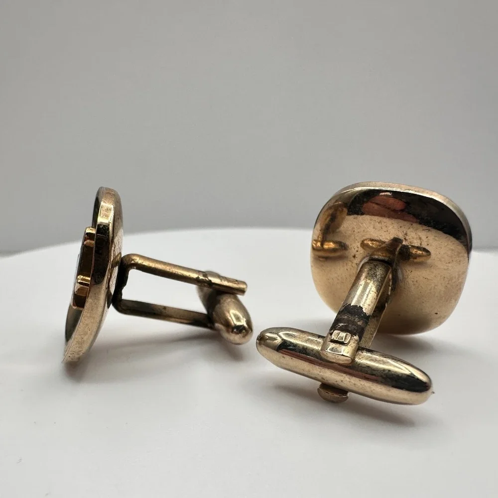 Vintage 90s Masonic Cufflinks & Tie Bar Set Gold Tone Blue Enamel Square Compass